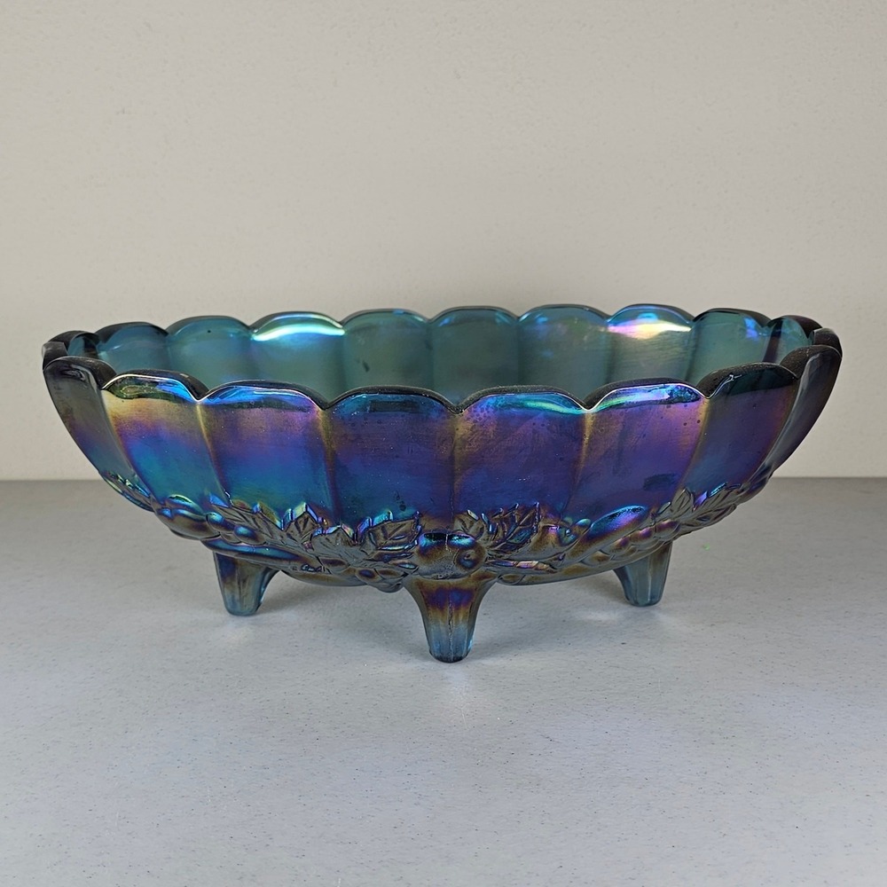 Indiana Glass Carnival Blue Iridescent  Footed Oval Bowl—Harvest Grape. Vintage!